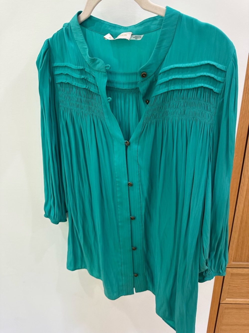 Ramy Brook Teal Pintuck & Smocked Button-Front Blouse